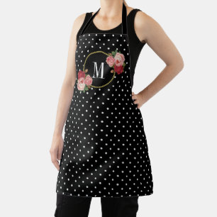 Black Vintage Floral Polka Dots Roses Fun Monogram Apron