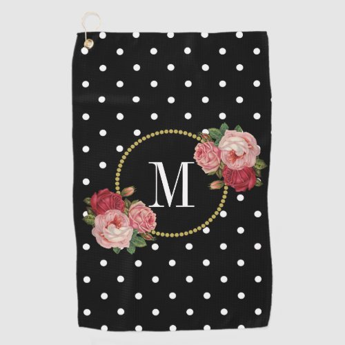 Black Vintage Floral Polka Dots Roses Fun Monogram Golf Towel