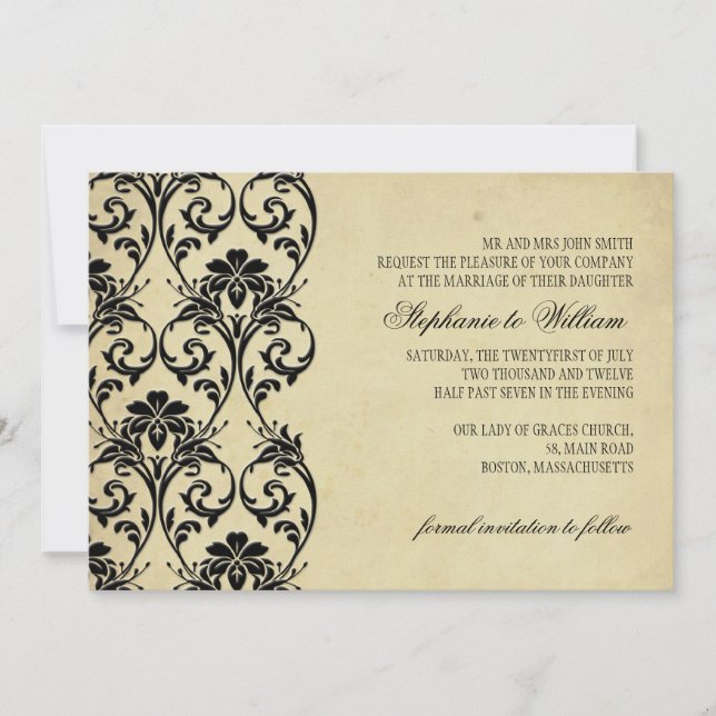 Black Vintage Floral Swirl Wedding Invitation (Front)