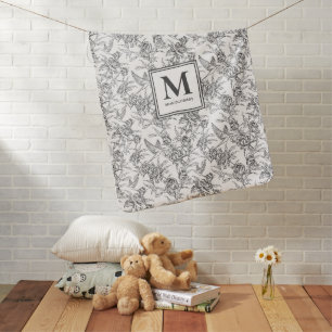 Black Vintage Floral Toile de Jouy Monogram Baby Blanket