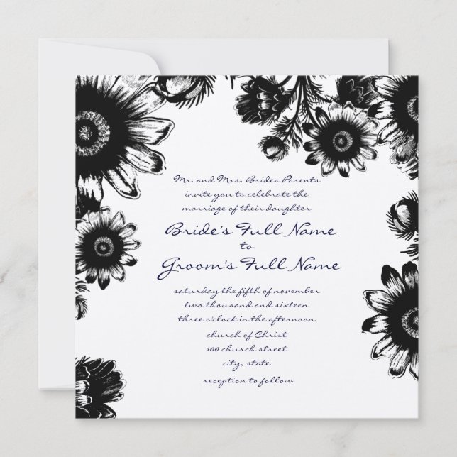 Black Vintage Flower Wedding Invitation (Front)