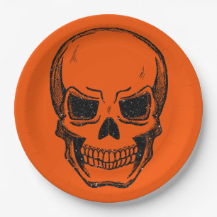Black Vintage Glitter Skull Halloween Paper Plates