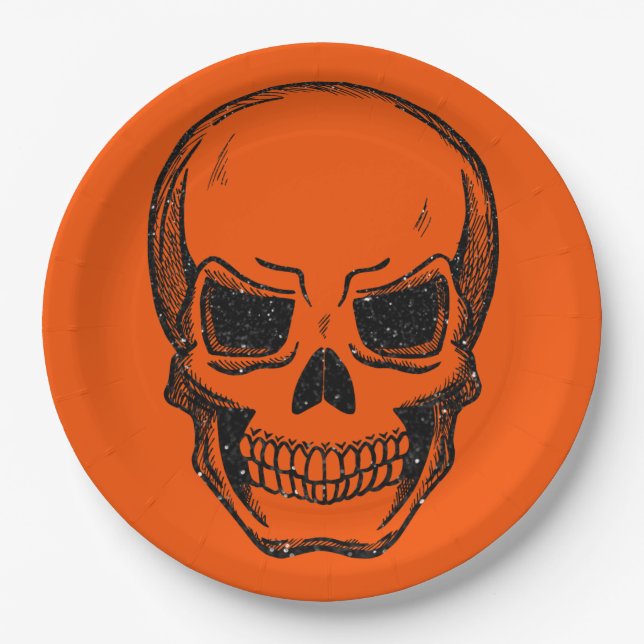Black Vintage Glitter Skull Halloween Paper Plates (Front)