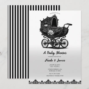 Black Vintage Gothic Pram Carriage Baby Shower Invitation