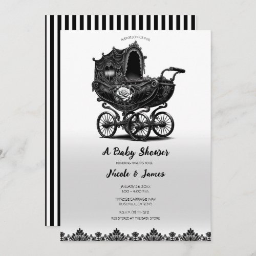 Black Vintage Gothic Pram Carriage Baby Shower Invitation