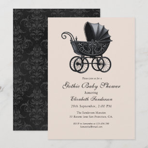 Black Vintage Gothic Stroller Baby Shower   Invitation