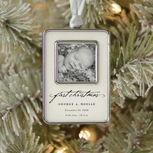 Black Vintage Handwriting Baby 1st Christmas Photo Ornament
