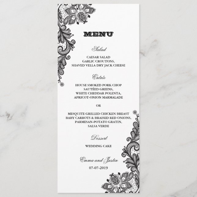 Black Vintage Lace Elegant Wedding Menu (Front)