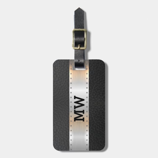 Black vintage leather metallic silver stripe luggage tag (Front Vertical)