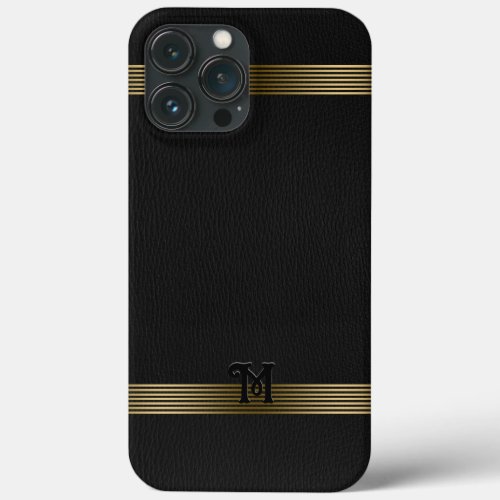 Black Vintage Leather Texture Gold Stripes iPhone 13 Pro Max Case