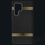 Black Vintage Leather Texture Gold Stripes Samsung Galaxy S22 Ultra Case<br><div class="desc">Image of a vintage black leather texture background accented with gold stripes. Optional Monogram.</div>