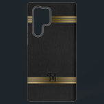 Black Vintage Leather Texture Gold Stripes Samsung Galaxy S22 Ultra Case<br><div class="desc">Image of a vintage black leather texture background accented with gold stripes. Optional Monogram.</div>