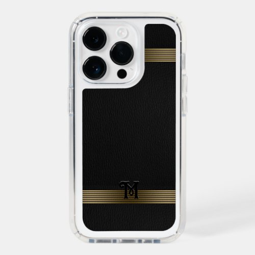 Black Vintage Leather Texture Gold Stripes Speck iPhone 14 Pro Case