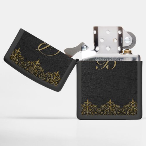 Black Vintage Leather Texture Gold Swirls Border Zippo Lighter