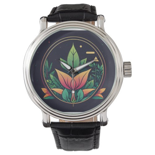 Black Vintage Leather Watch with nature logo 