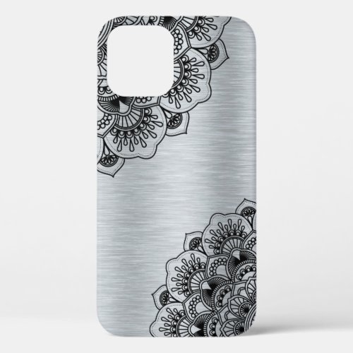 Black vintage mandala on silver brushed aluminum iPhone 12 pro case