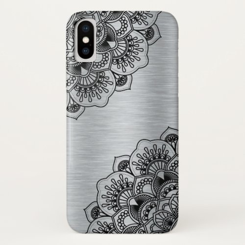 Black vintage mandala on silver brushed aluminum iPhone XS case