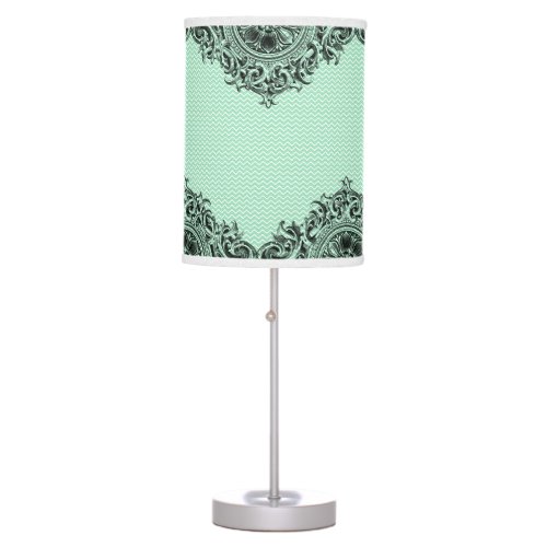 Black Vintage Ornament With Mint_Green Chevron Table Lamp