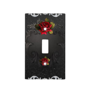 Black Vintage Ornamental Red Roses Glam Sparkle Light Switch Cover