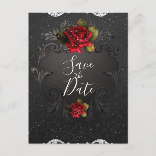 Black Vintage Ornamental Red Roses Save the Date Announcement Postcard