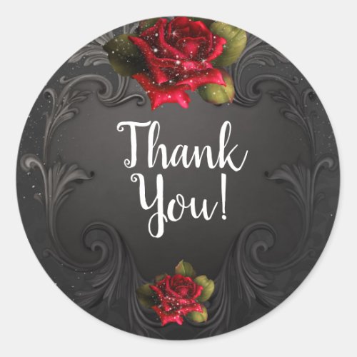 Black Vintage Ornamental Red Roses Wedding Favor Classic Round Sticker