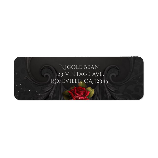 Black Vintage Ornamental Red Roses Wedding Label (Front)