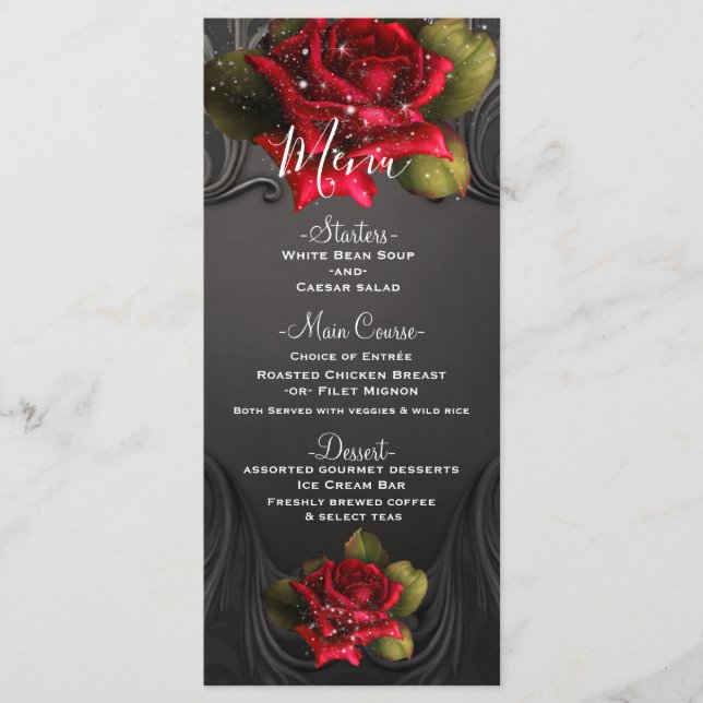 Black Vintage Ornamental Red Roses Wedding Menu (Front)