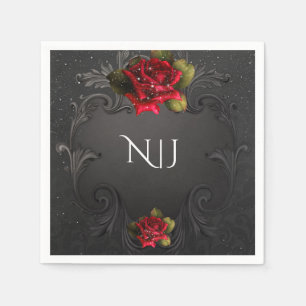 Black Vintage Ornamental Red Roses Wedding Paper Napkins
