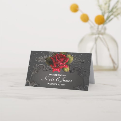 Black Vintage Ornamental Red Roses Wedding Table Place Card