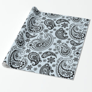 Black Vintage Paisley Light Blue background Wrapping Paper
