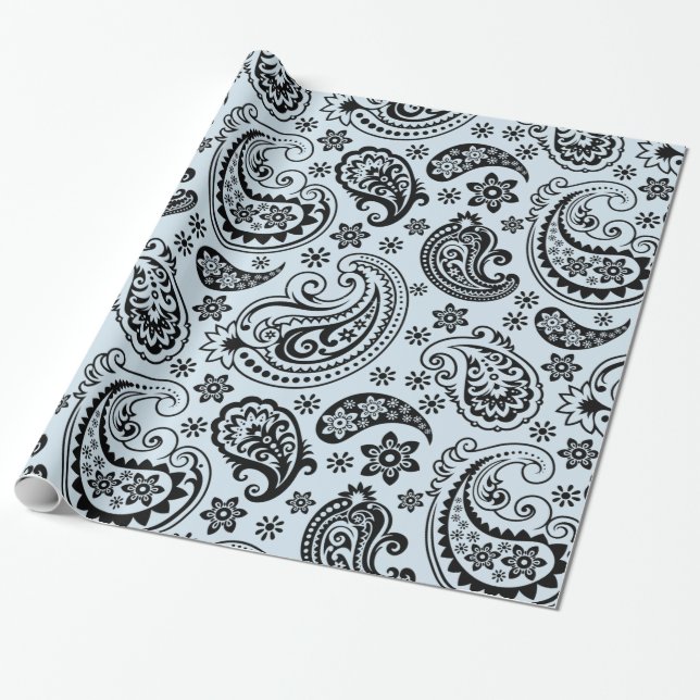 Black Vintage Paisley Light Blue background Wrapping Paper (Unrolled)