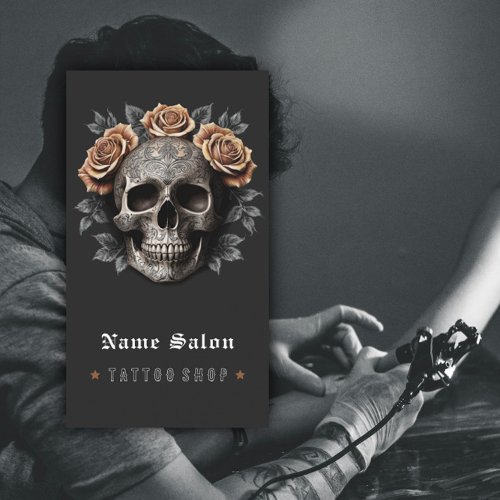 Black Vintage Retro Modern Tattoo Artist Skull Business Card