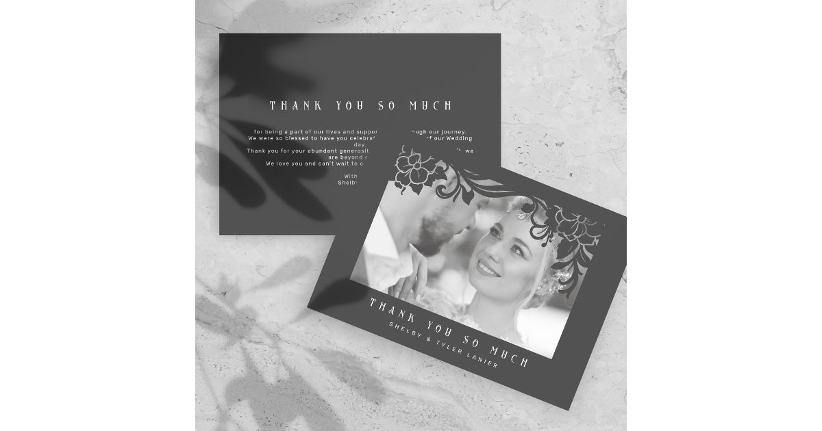 Black Vintage Retro Ornament Frame Photo Wedding Thank You Card | Zazzle