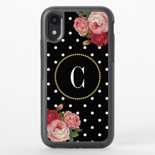 Black Vintage Roses White Dots Chic Gold Monogram OtterBox Symmetry iPhone XR Case