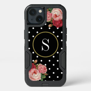 Black Vintage Roses White Dots Fun Floral Monogram iPhone 13 Case