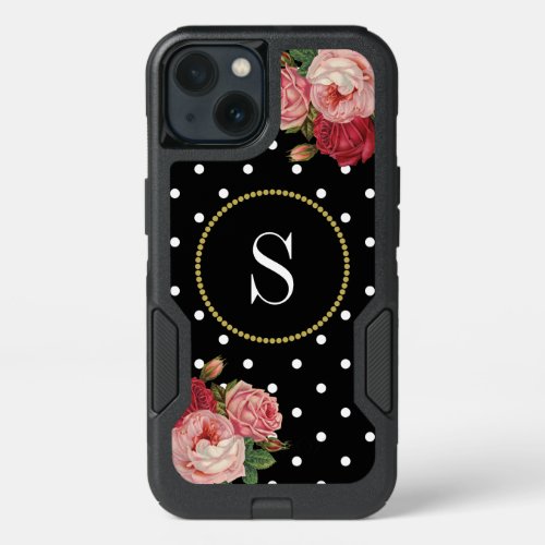 Black Vintage Roses White Dots Fun Floral Monogram iPhone 13 Case