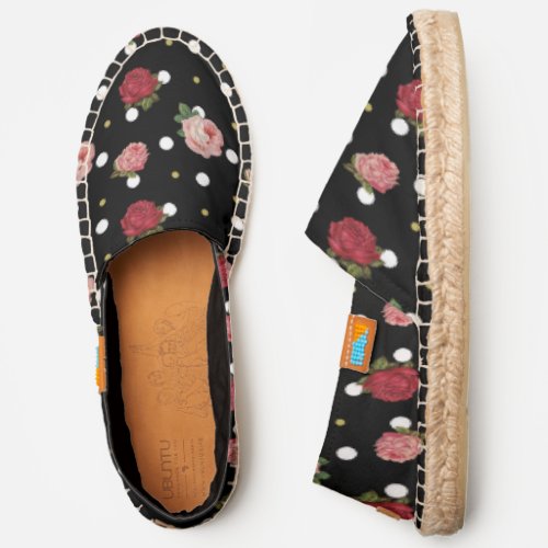 Black Vintage Roses White Gold Dots Floral Print Espadrilles