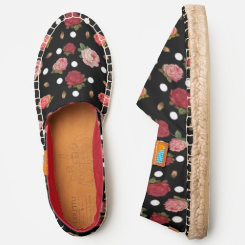 Black Vintage Roses White Polka Dots Floral Print Espadrilles