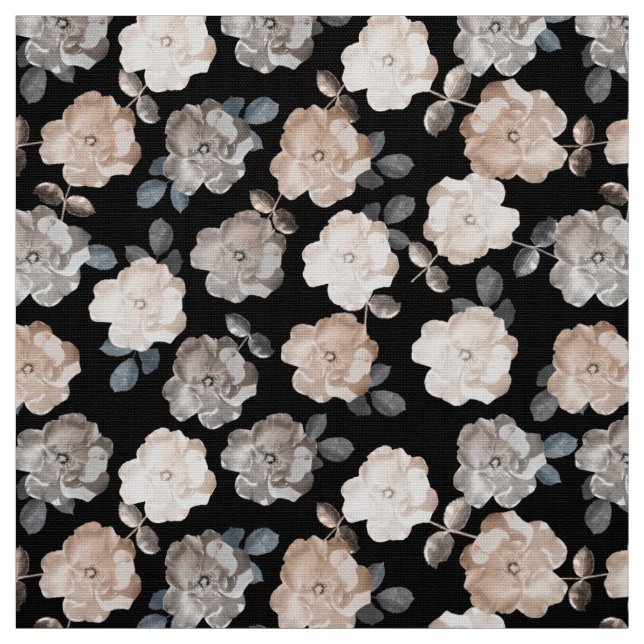 Black Vintage Roses White Repeating Pattern Cotton Fabric (Swatch)