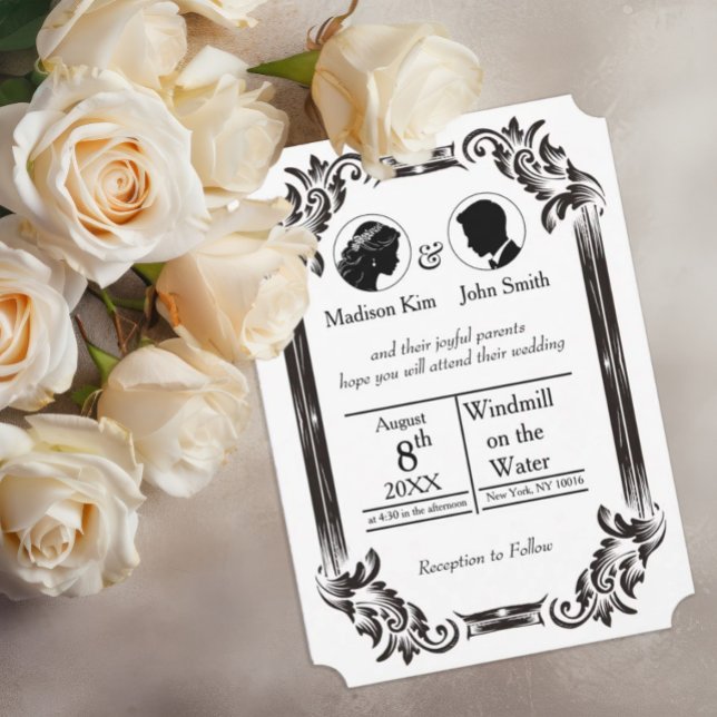 Black Vintage Silhouette Wedding with Typography Invitation (Creator Uploaded)