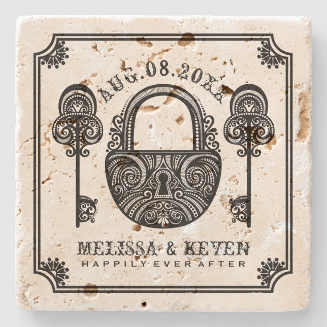 Black Vintage  Skeleton Keys & Lock Wedding Design Stone Coaster (Front)
