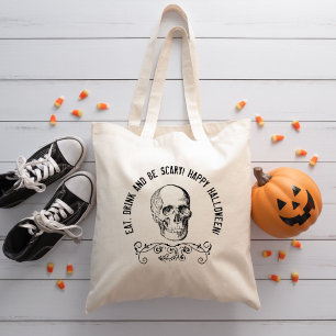 Black Vintage Skull Personalized Halloween Party Tote Bag
