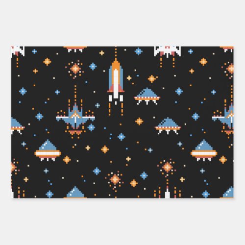 Black vintage space war galaxy stars pattern wrapping paper sheets
