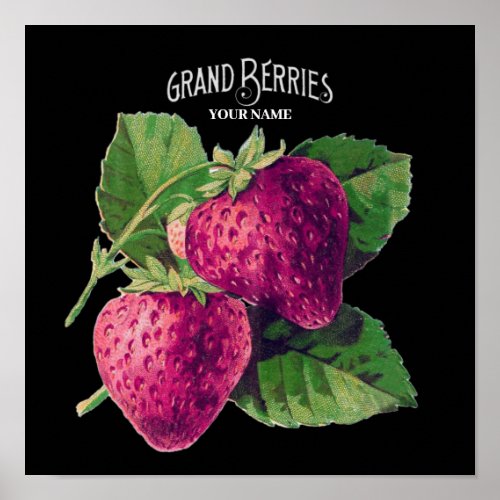 Black Vintage Strawberry Berry Fruit Add Your Name Poster