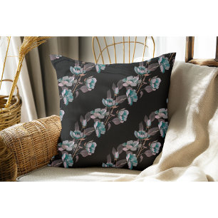 Black Vintage Watercolor Blue Flower Stripes  Throw Pillow