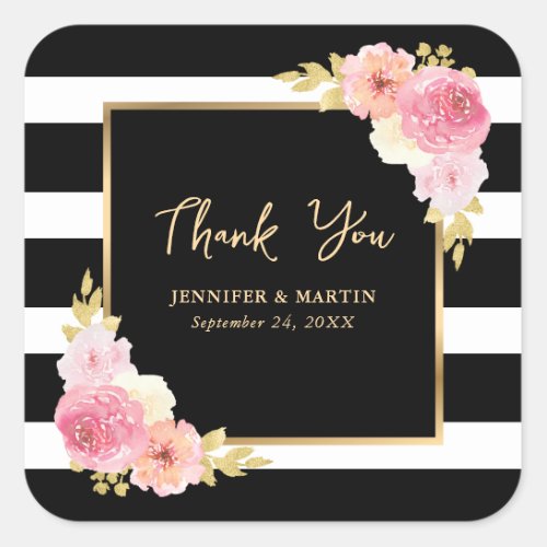 Black Vintage Watercolor Floral Wedding Thank You Square Sticker