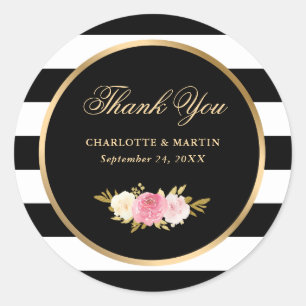 Black Vintage Watercolor Pink Floral Thank You Classic Round Sticker