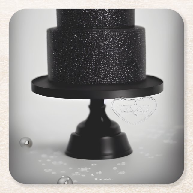 Black Vintage Wedding Cake & Stand Square Paper Coaster (Front)