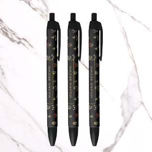 Black Vintage Wildflower Floral & Gold Name Pen