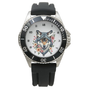 Black Vintage Wolf Floral Leather Watch